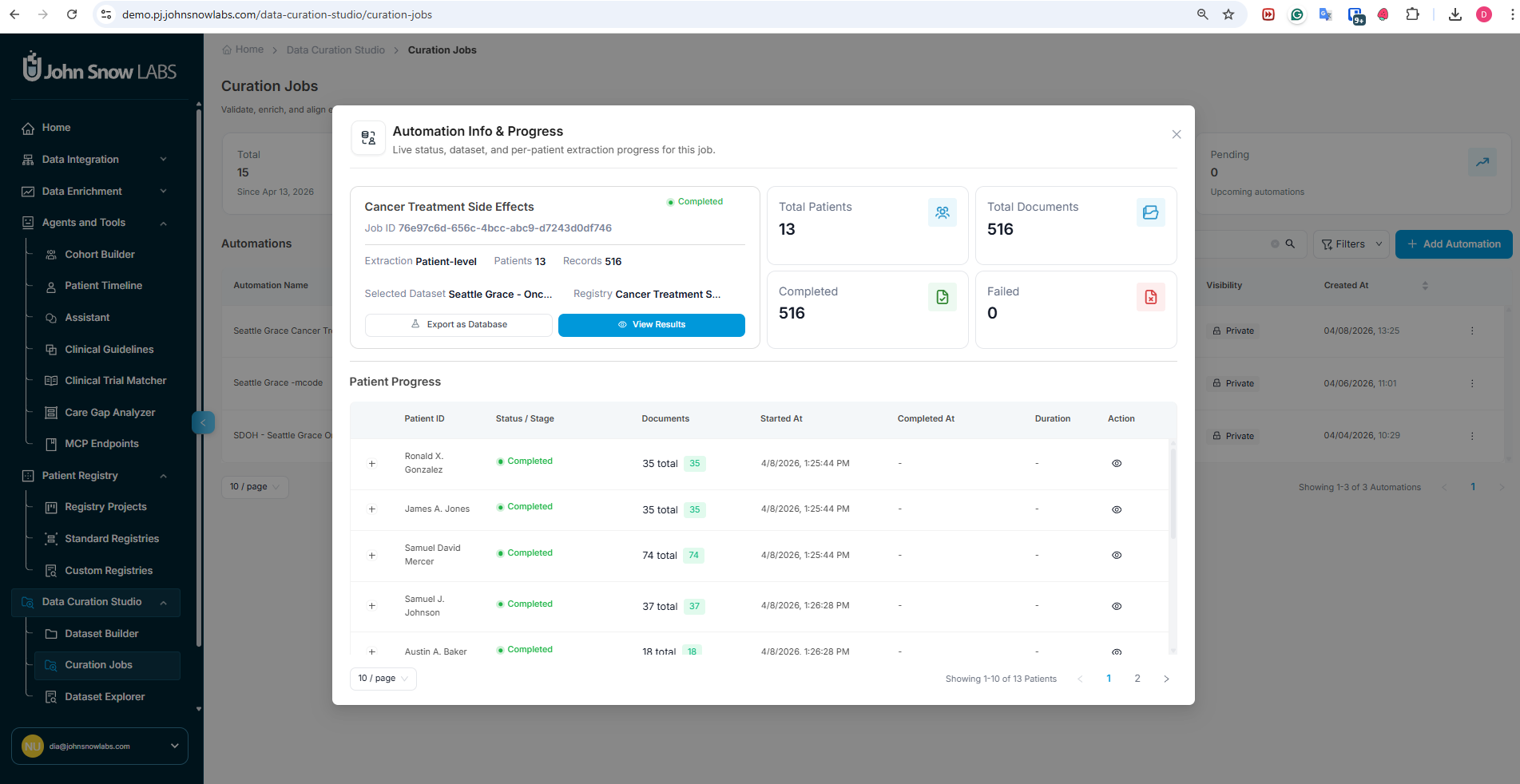 Curation Job Statistics — cohort-level aggregate statistics dashboard showing field completion rates, value distributions, extraction confidence scores, and anomaly flags across all patients in the curation job